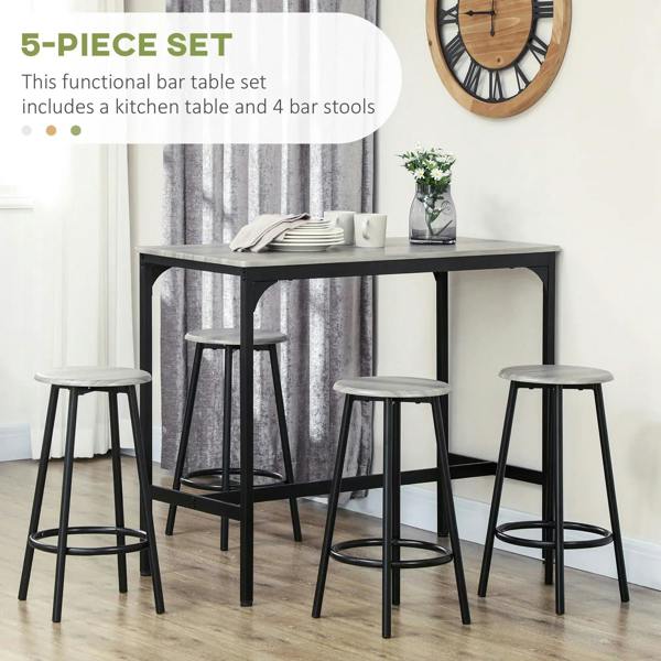 Grey and black industrial-style bar table set with four round stools