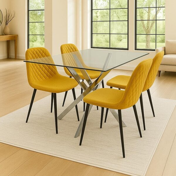 Kosy Koala Modern Rectangle Glass Dining Table Set With 4 Mustard Gem Pattern Chairs Dining Room Furniture