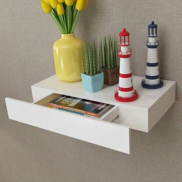 Berkfield White MDF Floating Wall Display Shelf 1 Drawer Book/DVD Storage
