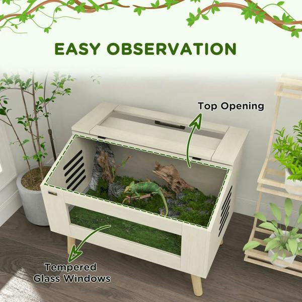 Oak reptile enclosure with tempered glass sides and top opening lid for feeding access