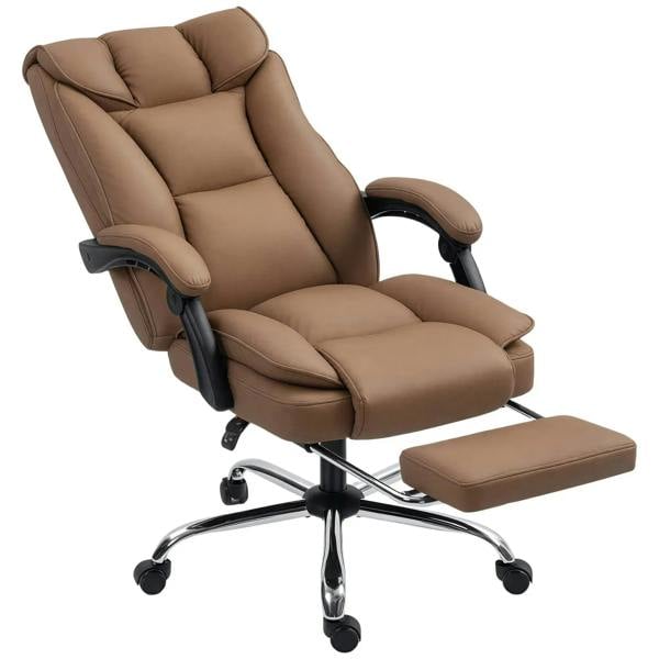 Brown reclining faux leather swivel office chair with padded armrests and footrest