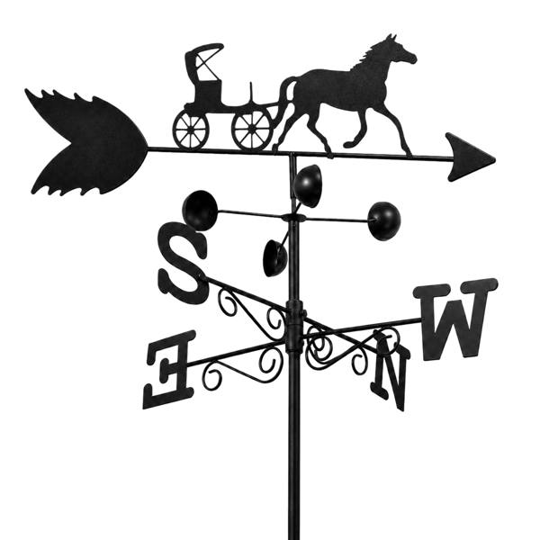 Horse & Carriage Weathervane – Outdoor Wind Direction Indicator with Speed Cups, Steel Construction, Wall Fixings & Ground Spike, 1.7m Tall