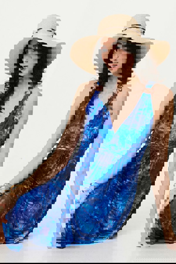 Blue | Tropical Print Strap Empire Maxi Dress
