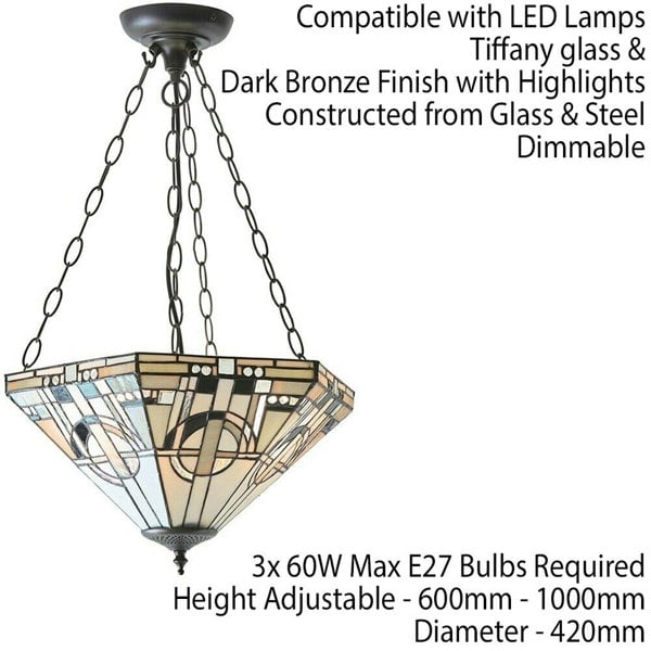 Tiffany Glass Hanging Ceiling Pendant Light Dark Bronze 3 Lamp Shade i00137 Loops
