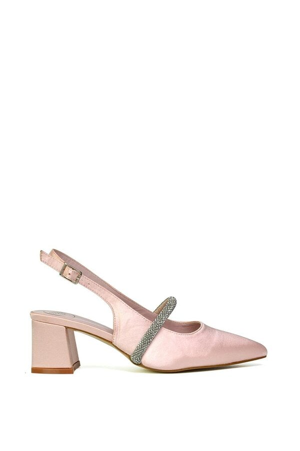 XY LONDON Slingback Strappy Pointed Toe Diamante Mid Block Heels - Pink
