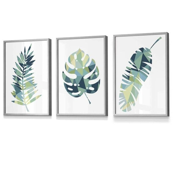 Framed Set of 3 Teal Blue Tropical Leaf Prints | Artze Wall Art UK