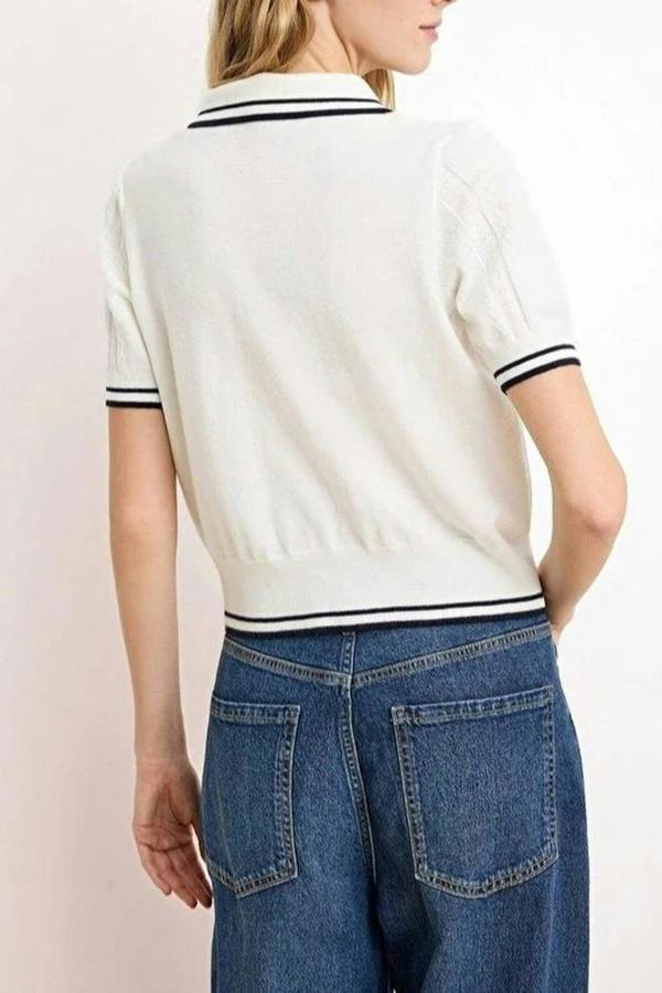 WOVCOR Polo Collar Buttoned Short Sleeve Knitted Blouse