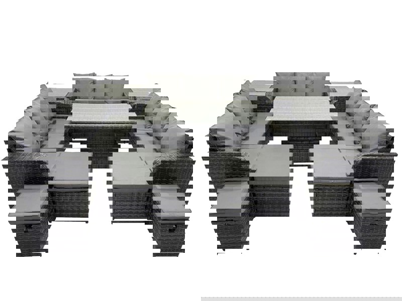 Fimous Rattan Garden Furniture Dining Set 13 seater Patio Height Adjustable Rising Lifting Table Sofa Set with 2 Side Tables Dark Grey Mixed