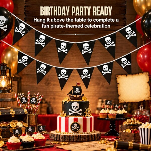 Shatchi 6m Pirate Bunting with Black Skull and Crossbones Pennants for Parties and Displays
