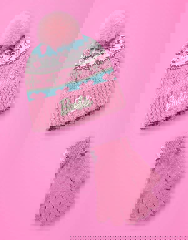 Barbie Girls Pink Fair Isle Beanie and Gloves Set (One Size)