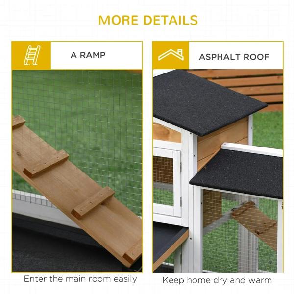 Wooden rabbit hutch detail with ramp and textured black roof panels over wire-mesh runs