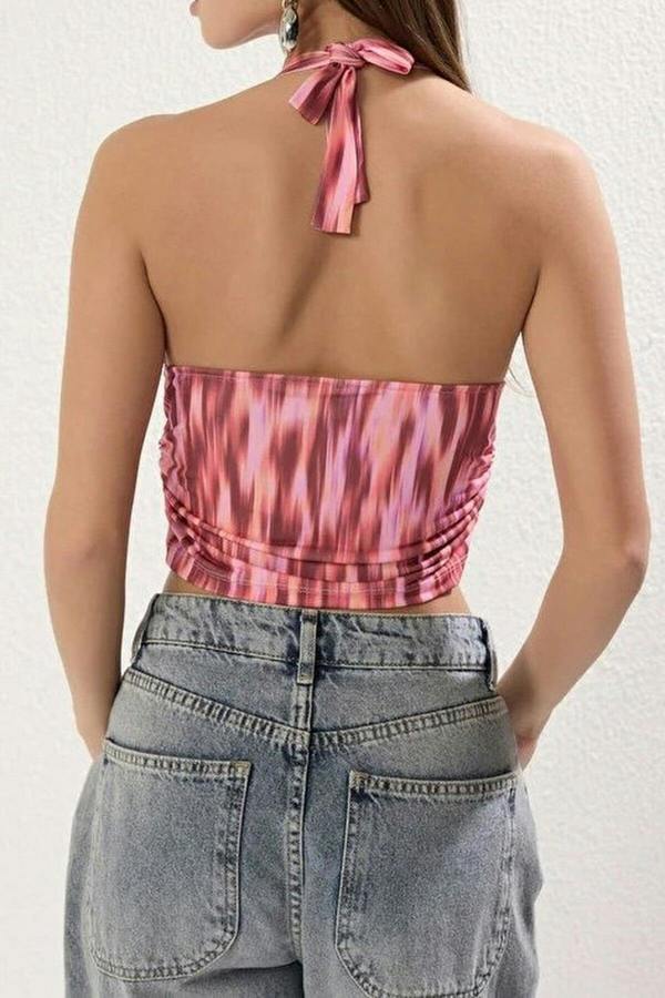 WOVCOR Halter Neck Patterned Fitted Crop Knit Blouse