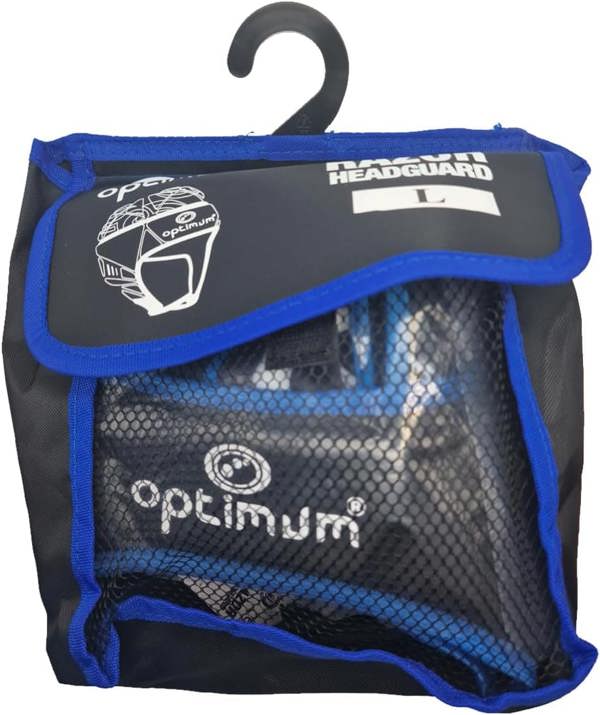 Optimum Razor headguard in black and blue mesh drawstring bag with hanger and branded label, on white - Optimum