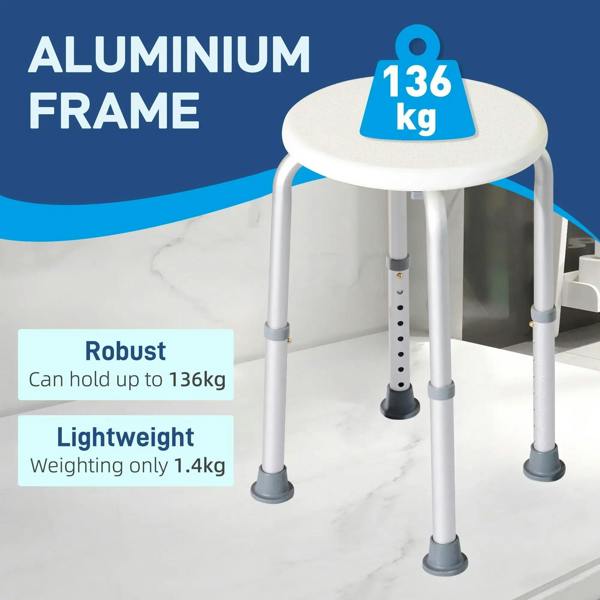 White aluminium shower stool with round seat and height-adjustment legs