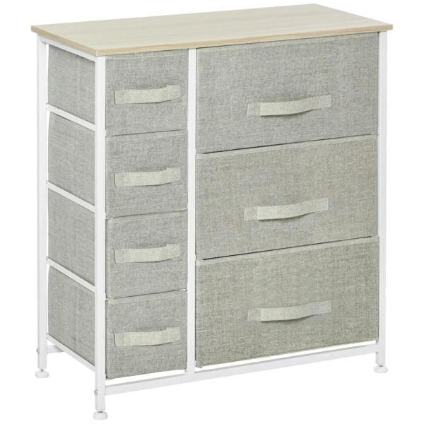 Light grey fabric drawer chest with seven drawers and metal frame, white legs