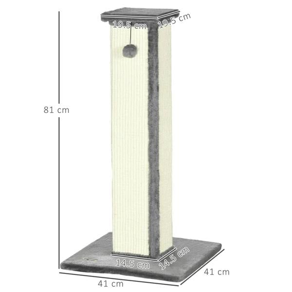 Grey vertical cat scratcher post with hanging ball and dark base, shown with dimensions