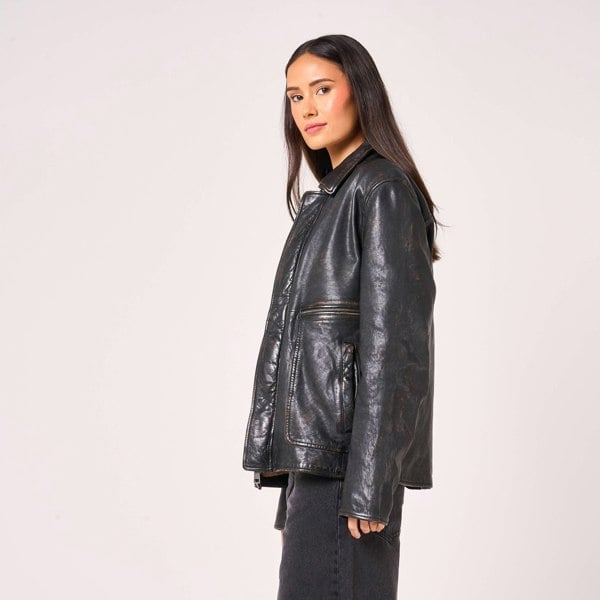 Barneys Originals Women's Oversized Vintage Look Leather Trucker Jacket