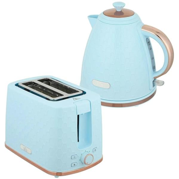 Light blue electric kettle and 2-slice toaster set with metallic accents