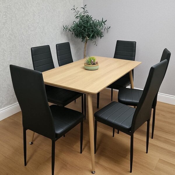 Kosy Koala Modern Rectangle Wood Effect Dining Table Set With 6 Black Faux Leather Chairs Dining Room Furniture