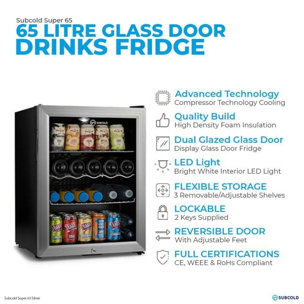 Subcold Super 65 litre table top silver beer mini fridge features infographic