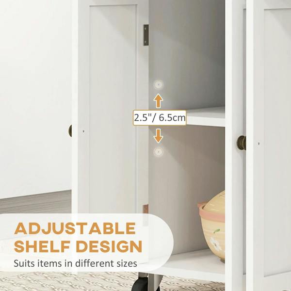 White cabinet interior with adjustable shelf inside a kitchen storage trolley