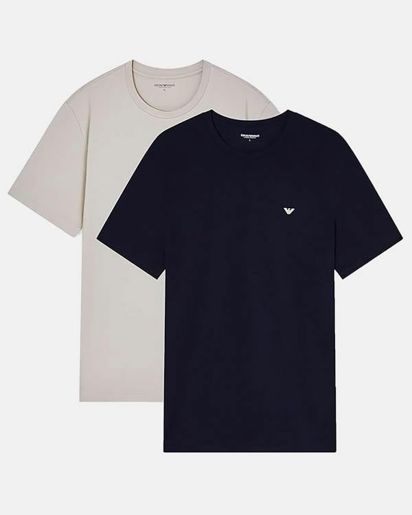 Emporio Armani 2 - Pack Mens Crew Neck T - Shirts with Eagle Logo - Nut/Ink | CHO | Designer Mens Short Sleeve T - Shirts