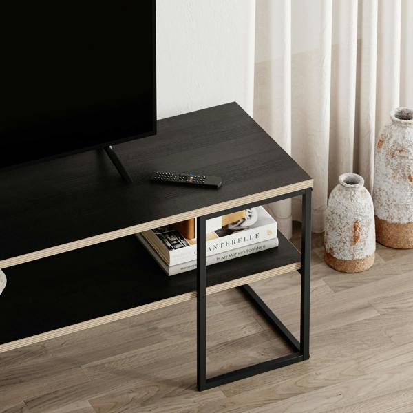 Decortie Modern TV Unit 140cm Open Shelf Design w/Plywood Edge, Black Metal Frames TV Stand up to 55' TVs Living Room
