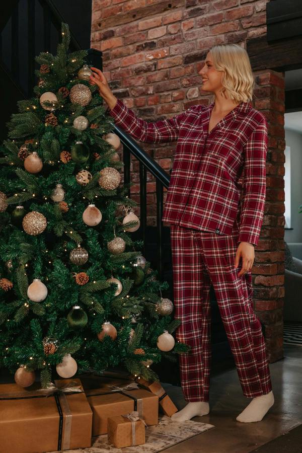 Pretty You London Plaid Long Pyjama Set in Bordeaux - Wholesale