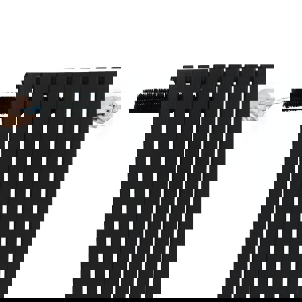 Flat single column radiator in sleek black, showcasing its smooth finish and slim design, with a hand adjusting the top element