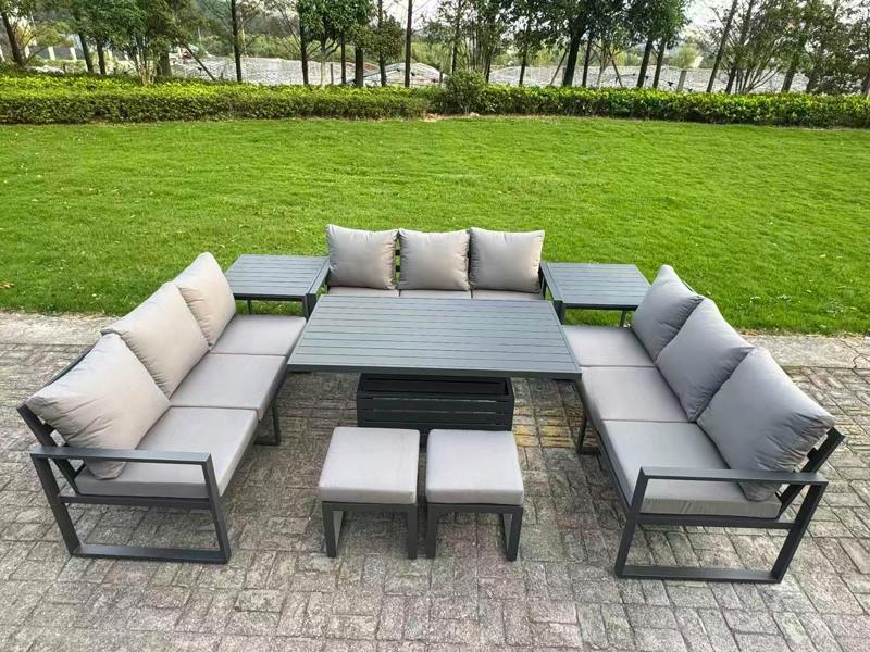 Fimous U-shaped Garden Furniture Set 11-Seater Aluminium Outdoor Dining Set with Adjustable Rising Lifting Dining Table 2 Small Footstools Dark Grey