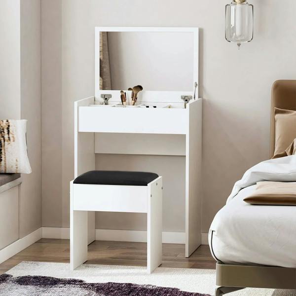 White vanity desk with flip-up mirror and black padded stool