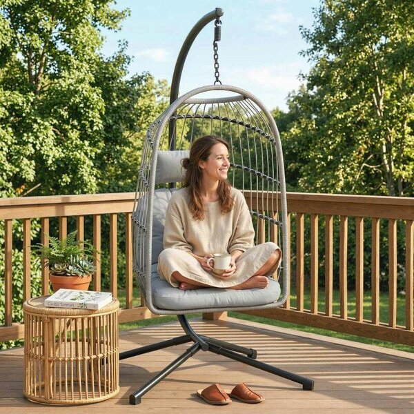 Hanging Egg Chair, Indoor Outdoor Hammock Swing Chair with Stand, Safety Strap, Foldable Basket, Light Grey