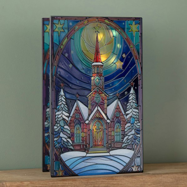 Samuel Alexander 21cm Battery Operated Light up Stained Glass Christmas Decoration with Church Scene & Warm White LEDs