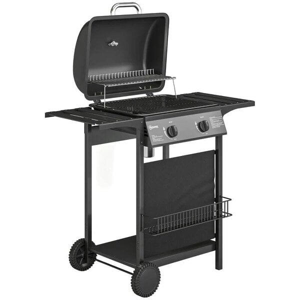 Bobobiy Gas Burner Barbecue Grill, 2 Burner Gas Grill with Side Tables, Warming Rack, Shelf, Thermometer, Grease Tray, Black