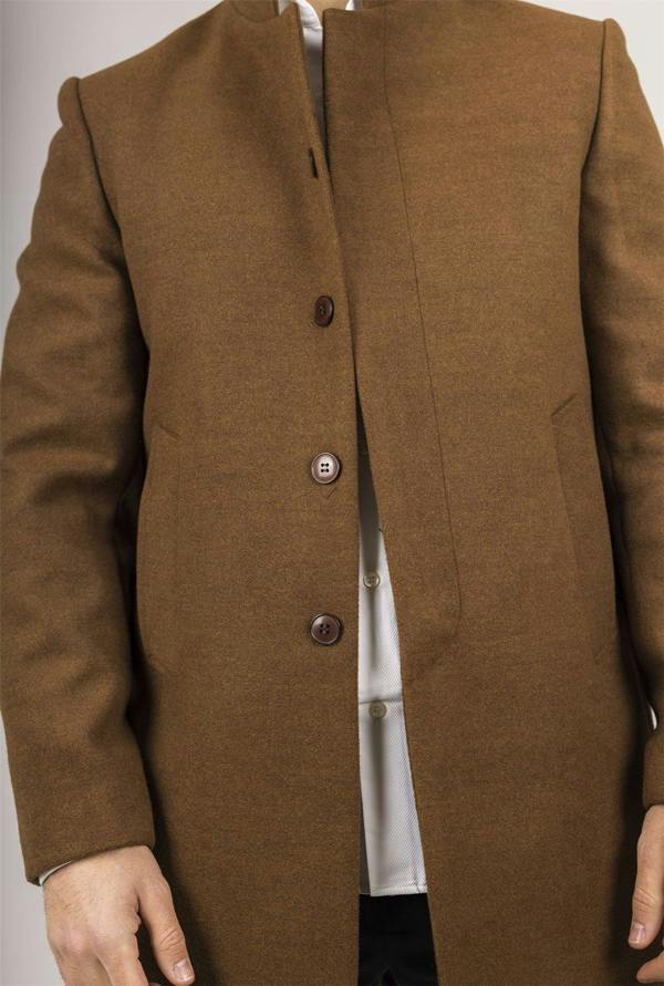 Infinity Leather Men's Brown Stand Collar Wool Blend Overcoat