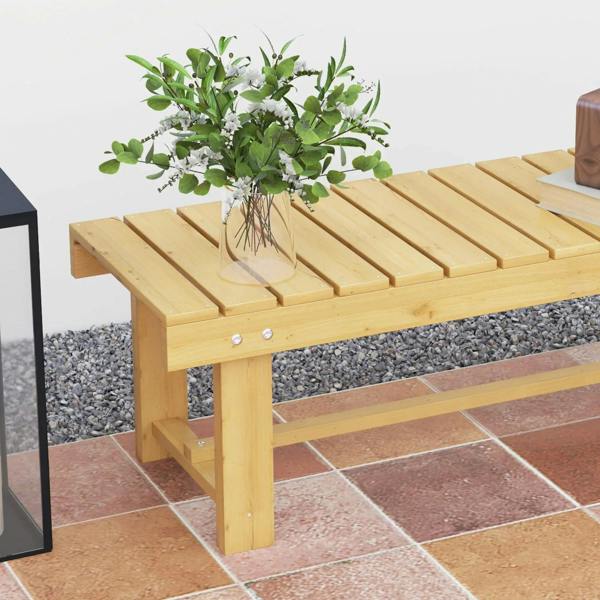 Natural fir wooden slat bench with visible metal bolts and thick corner legs