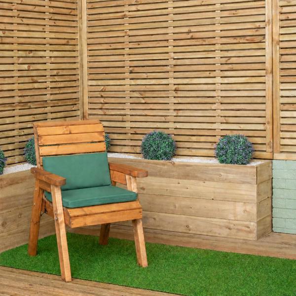Samuel Alexander Hand Made Traditional Chunky Rustic Wooden Garden Chair & Green Cushions. Flat Packed