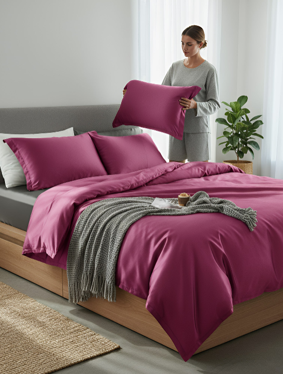 Anycozy Beddings Magenta AU Queen Size 3 Pcs High End Satin Smooth Duvet Cover Set Luxury Polyester Silky Soft Cozy Bedding Set