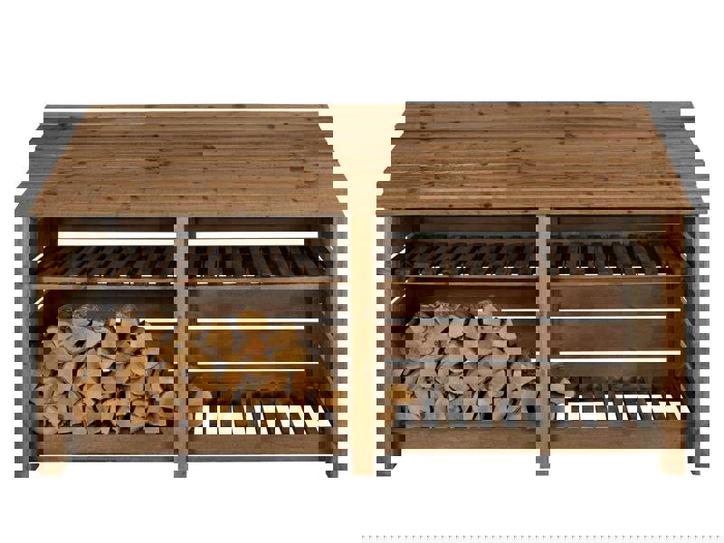 Arbor Garden Solutions Slatted Wooden Log Store with Shelf W-227cm, H-126cm or 180cm, D-88cm - Brown Finish