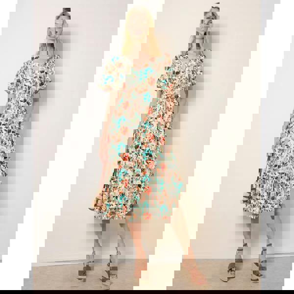 Blue Vanilla Leaf Print Tie Waist Shirt Midi Dress