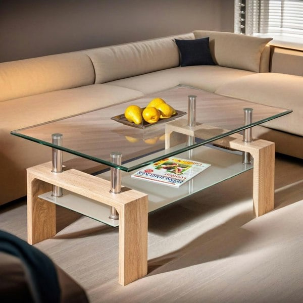 Rafaelo Mobilia 2 Tier Glass Coffee Table Oak