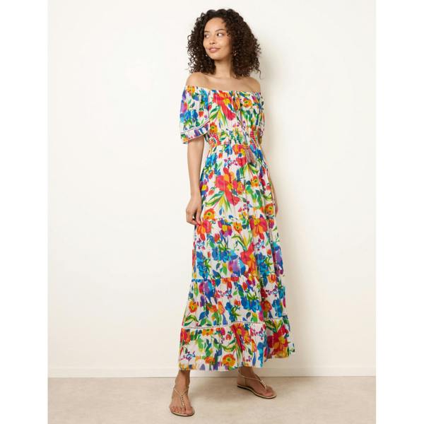 Blue Vanilla Bardot Tassel Tie Tiered Maxi Dress