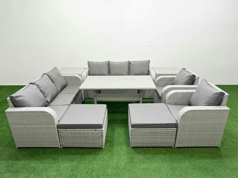 Fimous PE Rattan Garden Furniture High Back Lounge Patio Set, Dining Table, 3 Seater Sofa, Reclining Chair, 2 Big Footstool, 2 Side Table, Light Grey