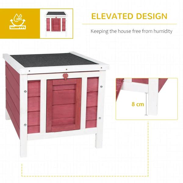 Red wooden rabbit hutch with raised white legs and black asphalt roof