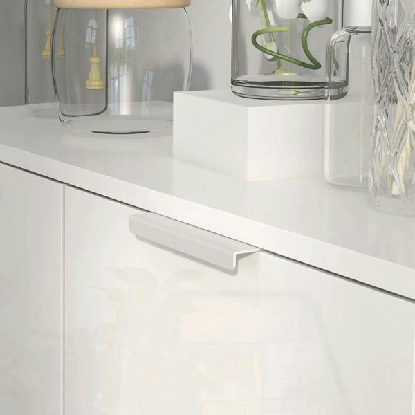 White cabinet door front with long bar handle in shoe storage cupboard
