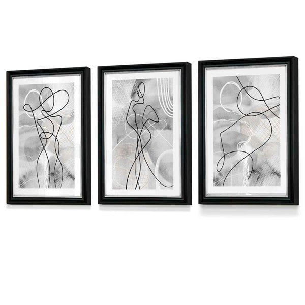 Artze Wall Art Abstract Set of 3 Fashion Line Framed Prints in Black & Grey