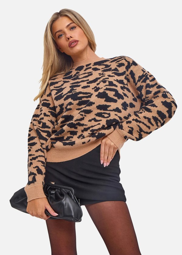 Gini London Camel Animal Print Crew Neck Knit Jumper
