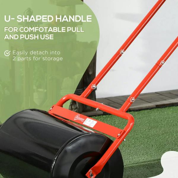 Red steel lawn roller with U-shaped handle and black drum for comfortable pull