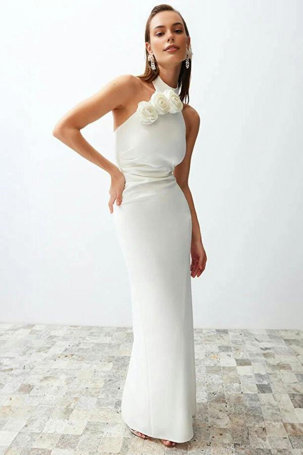 WOVCOR Woven Maxi Elegant Evening Dress with Rose Detail