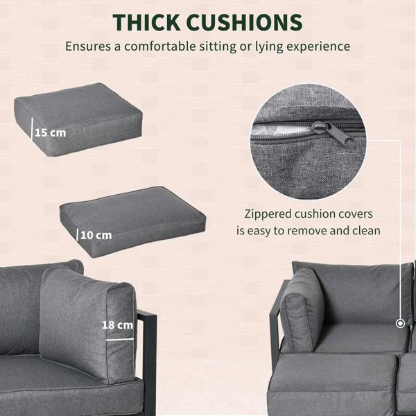Grey zippered cushion covers with thick padding for outdoor sofa seating